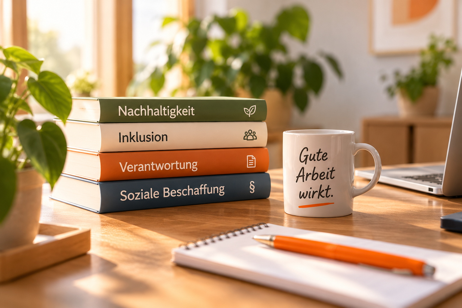 Bücher zu Nachhaltigkeit, Inklusion, Verantwortung und sozialer Beschaffung auf einem Schreibtisch