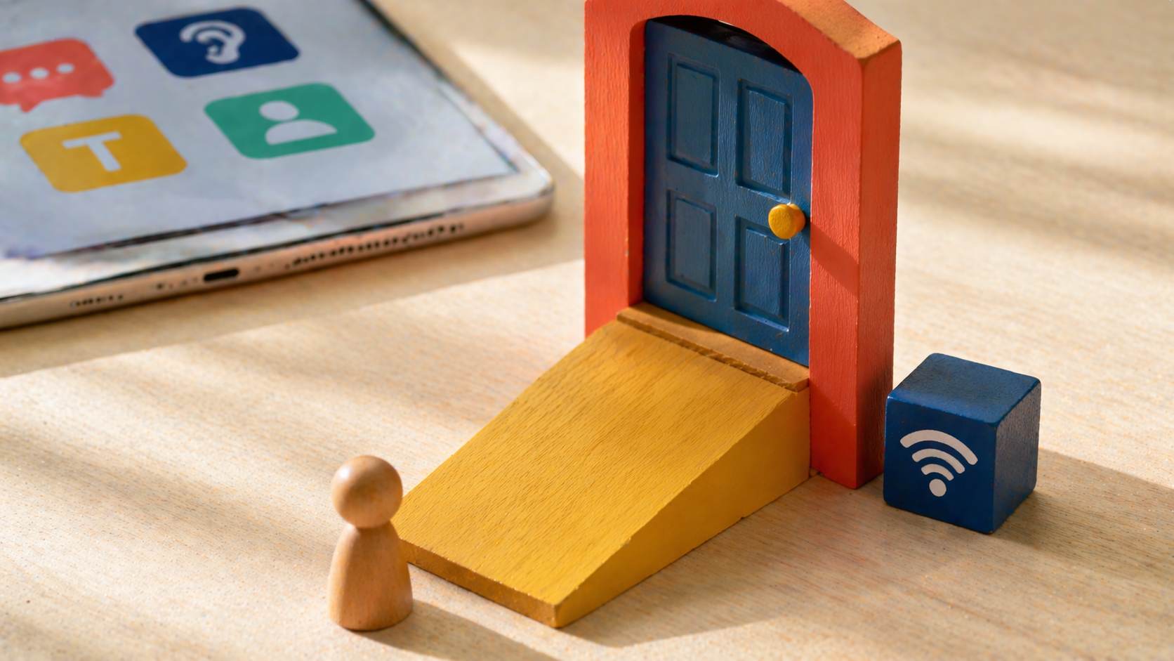 Kleine Holzrampe, Tür in kräftigen Farben und Block mit WLAN Zeichen symbolisieren barrierefreien Zugang, digital und physisch — includo Blog - Illustration erstellt mit KI