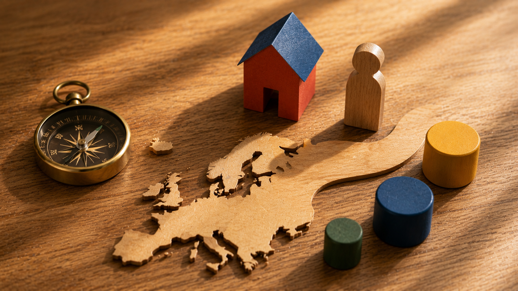 Symbolische Objekte auf warmem Holzuntergrund — Karte, Kompass, Haus und Figur als Metapher für Teilhabe in Europa — includo Blog — Illustration erstellt mit KI