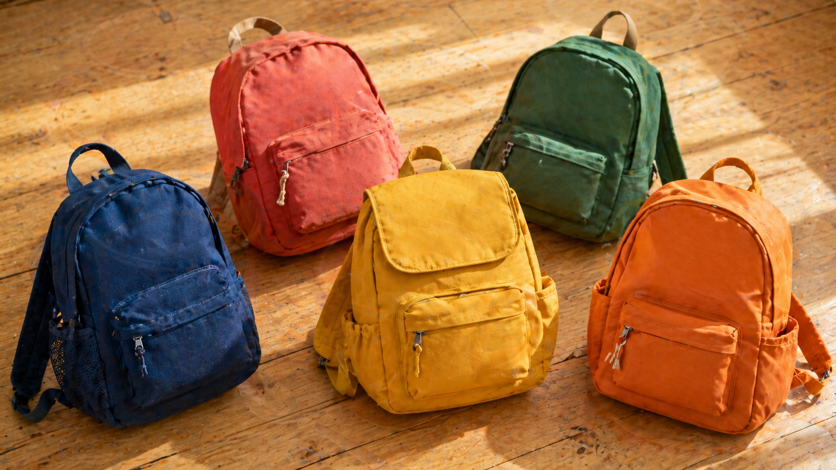 Bunte Schulranzen verschiedener Kinder nebeneinander auf hellem Holzboden — includo Blog — Illustration erstellt mit KI