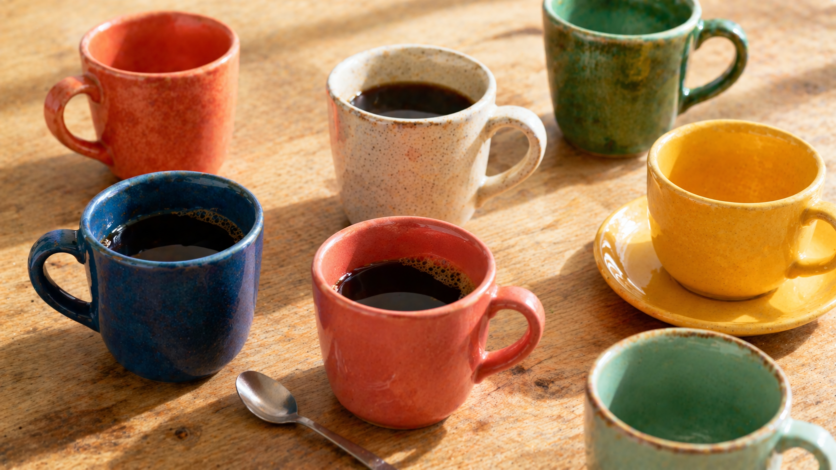 Bunte Kaffeetassen aus Keramik in verschiedenen Farben nebeneinander auf hellem Untergrund — includo Blog — Illustration erstellt mit KI