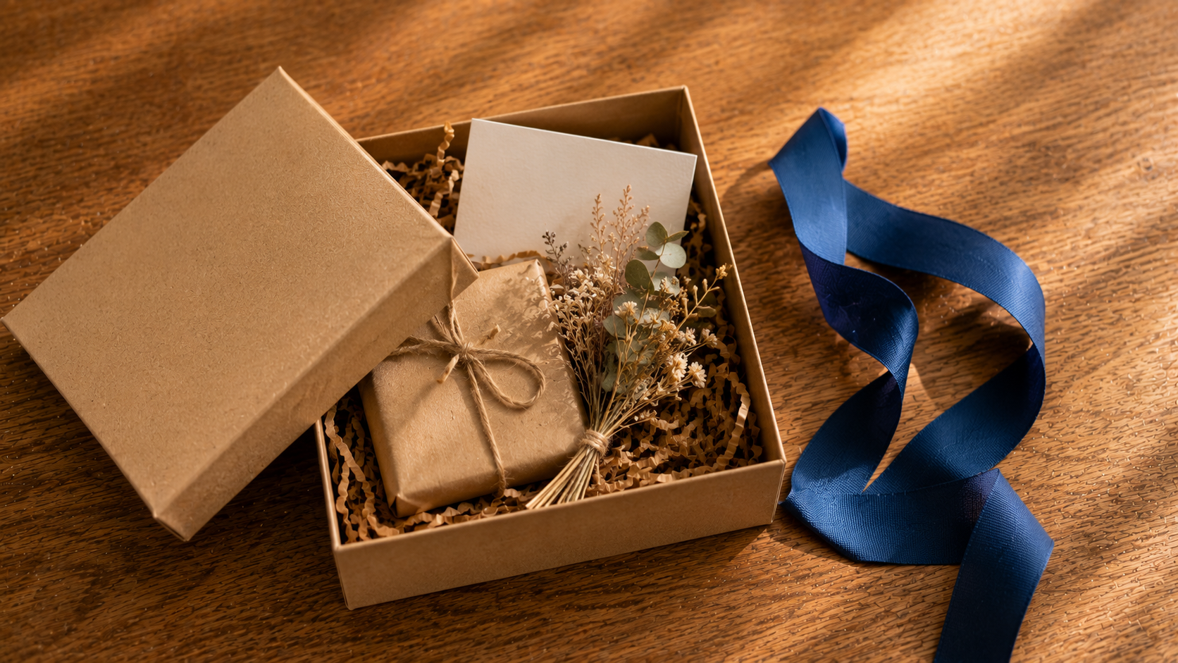 Sorgfältig verpacktes Willkommenspaket mit Naturmaterialien auf warmem Holzuntergrund — includo Blog — Illustration erstellt mit KI