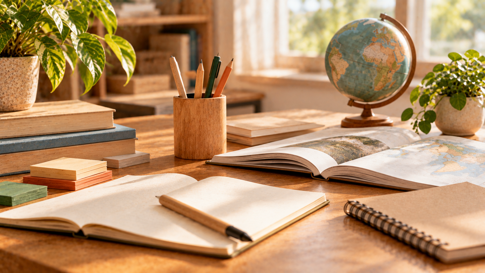 Unterrichtsmaterialien zu Bildung für nachhaltige Entwicklung auf einem Holztisch in heller Lernumgebung mit Notizbuch, Papier, Stiften, kleinem Globus und Pflanze — Illustration erstellt mit KI