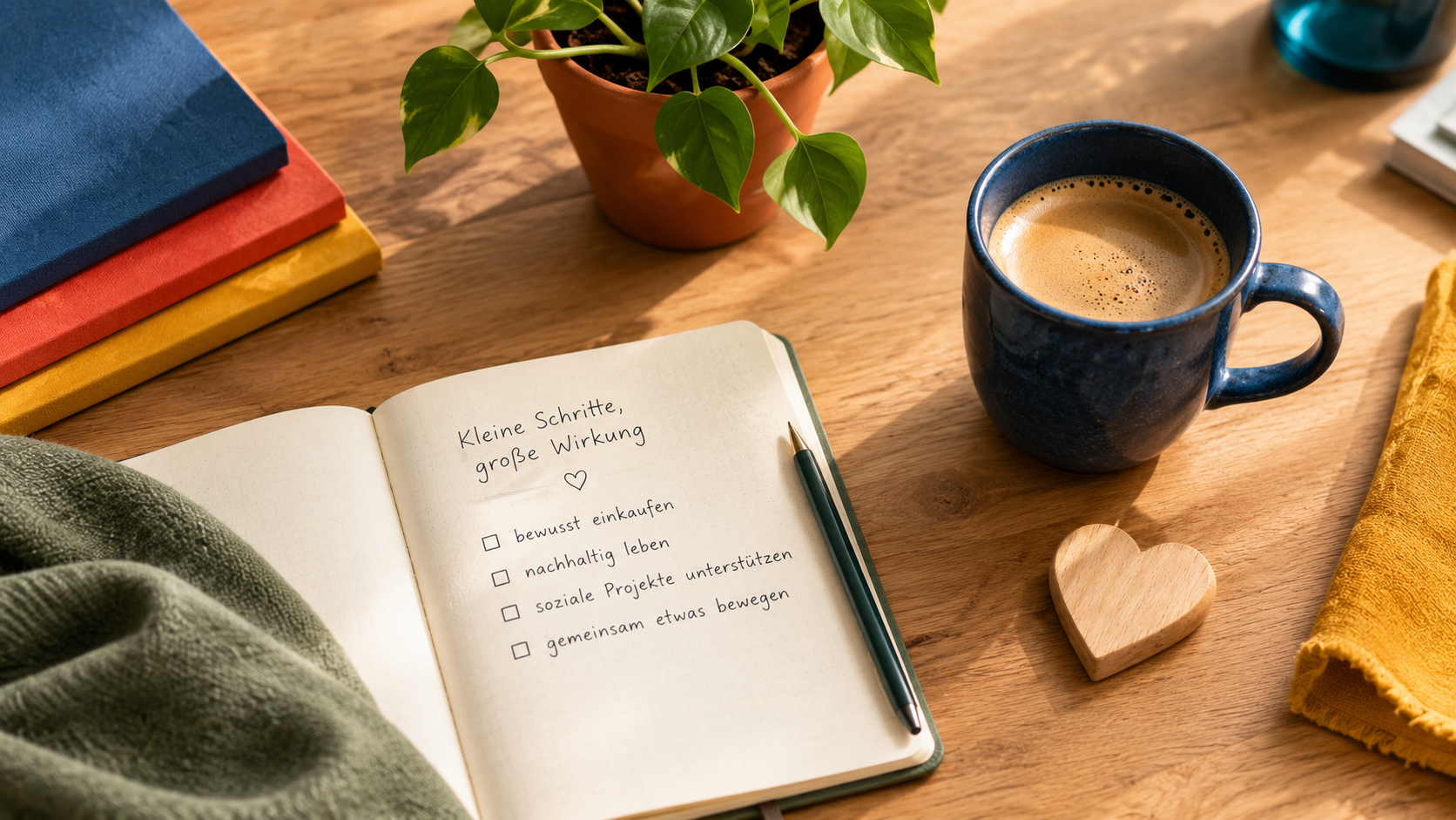 Verschiedene Alltagsgegenstände — Notizbuch, Kaffeetasse, kleiner Pflanzentopf und Holzherz — auf warmem Holzuntergrund als Metapher für nachhaltigen Alltag — includo Blog — Illustration erstellt mit KI