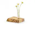 Holzstückunterteil mit Glasvase und drei Gänseblümnchen