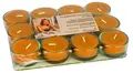 Orangene Teelicher Reihen in Klarsichfolienverpackung