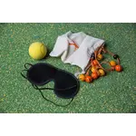 Stoffsack mit gelbem Ball, 2 orangene Glöckchenbänder, 1 schwarze Augenbinde
