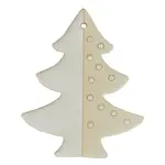 Dekorativer Tannenbaum aus weißem Ton und halber weißer Glasur, halber Glasur mit Schneeflocken