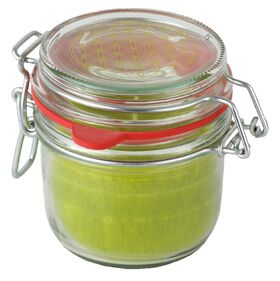 Kerze im Bügelglas mit grünem Wachs