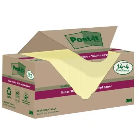 Haftnotizblock Super Sticky Recycling Notes, 76x76mm, 18x70 Blatt, gelb