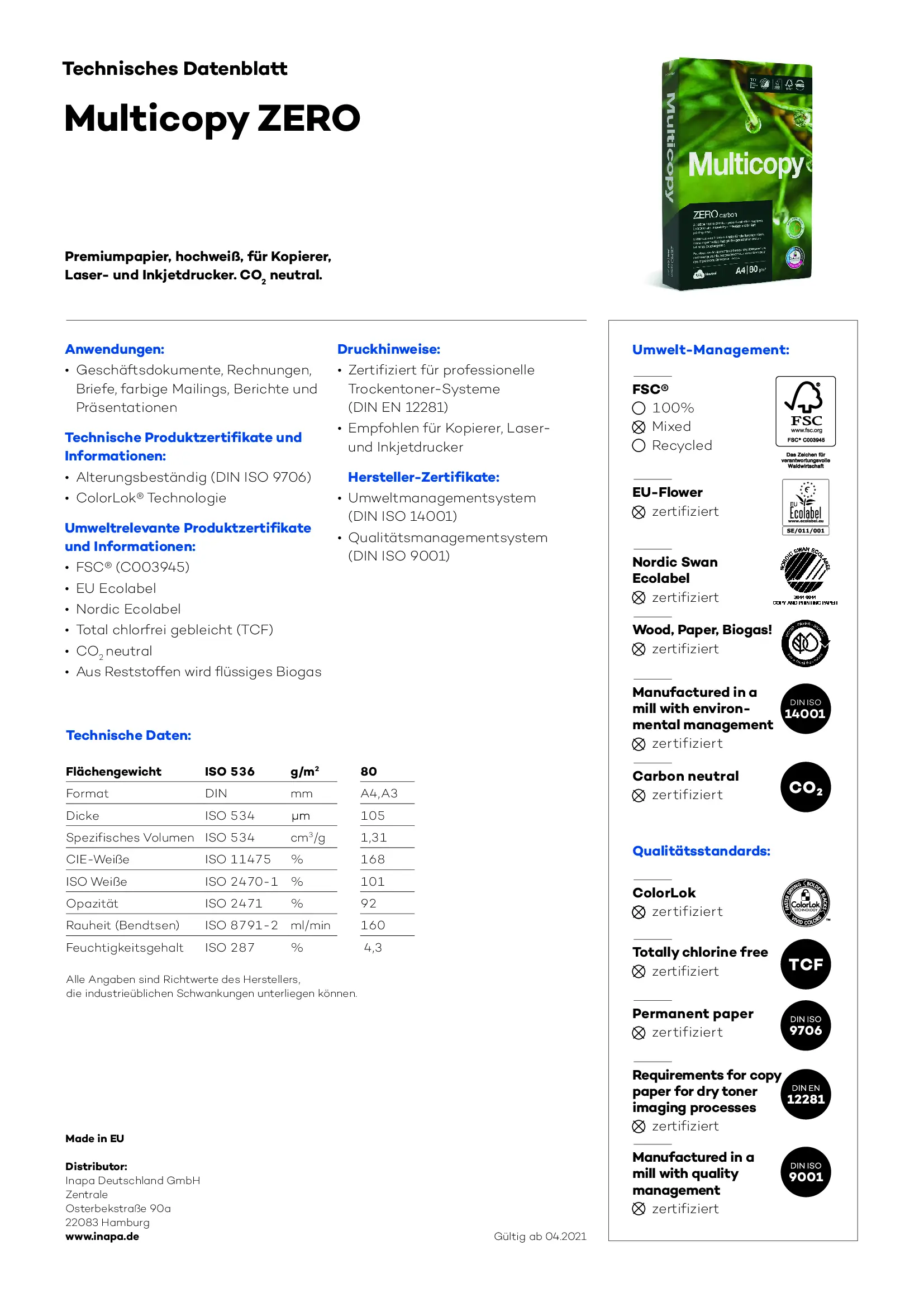 Kopierpapier Zero, A4, 80g/m², 500 Blatt, weiß - MULTICOPY