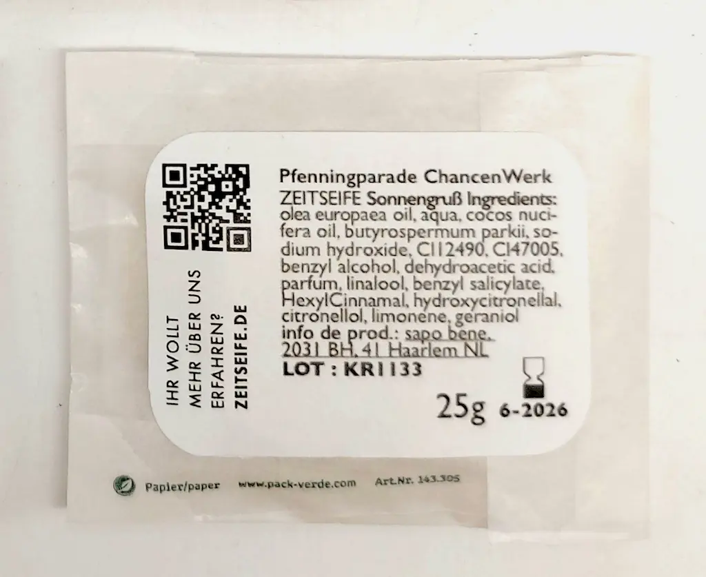 Etikett der Mini Naturseife der Duftrichtung sonnengruß verpackt von der Pfennigparade Chancenwerk der Mini Naturseife der Duftrichtung sonnengruß verpackt von der Pfennigparade Chancenwerk